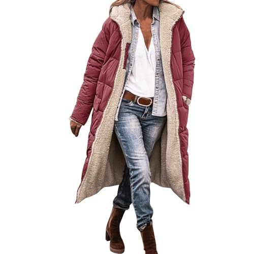 EWFAS Damen Warm Wintermäntel Reversibel Sherpa Fleece Lang Pufferjacken mit Kapuze Frauen Oberbekleidung Outdoorjacke Steppjacke Steppmantel von EWFAS