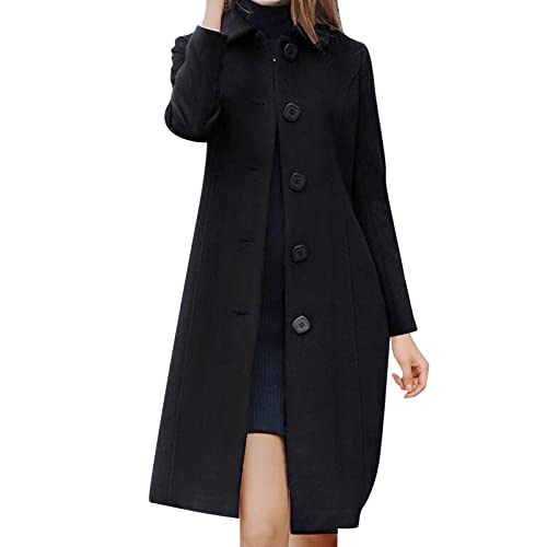 Damen Wollmantel Winter Mantel Lange Einfarbig Wollmantel Revers Outwear Mit Taschen Slim Fit Warm Wintermantel Dicke Lang Outwear Coat DamenTrenchcoat für Herbst Winter Eleganter Parka von EWFAS