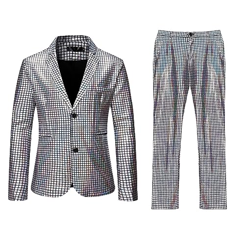 EWFAS Herren 70er Jahre Disco Outfit Regenbogen Anzug Pailletten Jacke und Hose Hochzeit Glänzender Anzug Halloween Party Kostüm 70er Jahre Disco Outfit von EWFAS