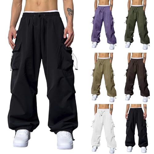 EWFAS Herren Cargohose Lang Cargo Hose Regular Fit Freizeithose Casual Einfarbig Sporthose mit Taschen Outdoorhose Elastische Taille Sweatpants Wanderhose Trekkinghose von EWFAS