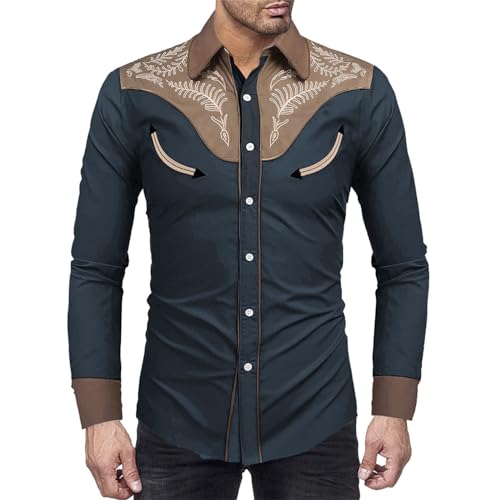 EWFAS Herren-Hemd Western, Braun mit Stickerei Cowboy Wilder Westen Kostüm Karneval Mottoparty Freizeithemd Freizeithemden Langarm Baumwolle Klassisch Regular Fit Hemden von EWFAS