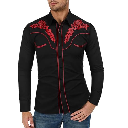 EWFAS Herren-Hemd Western, Braun mit Stickerei Cowboy Wilder Westen Kostüm Karneval Mottoparty Freizeithemd Freizeithemden Langarm Baumwolle Klassisch Regular Fit Hemden von EWFAS