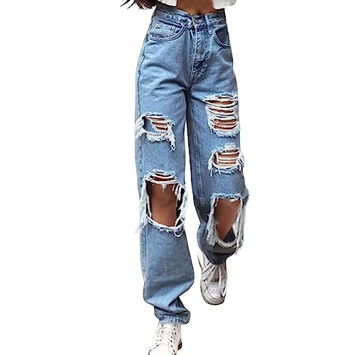 EWFAS Jeans Damen High Waist Schlaghose Damen Jeans mit Löchern Stretch Baggy Jeans Stretch Jeanshose Jeans Damen High Waist Ripped Jeans Distressed Mom Jeans Slim Denim Pants von EWFAS