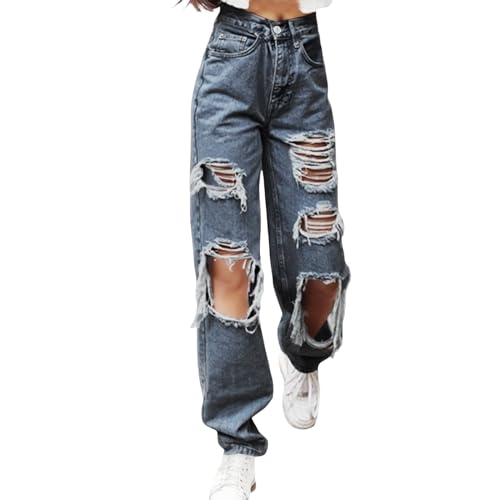 EWFAS Jeans Damen High Waist Schlaghose Damen Jeans mit Löchern Stretch Baggy Jeans Stretch Jeanshose Jeans Damen High Waist Ripped Jeans Distressed Mom Jeans Slim Denim Pants von EWFAS
