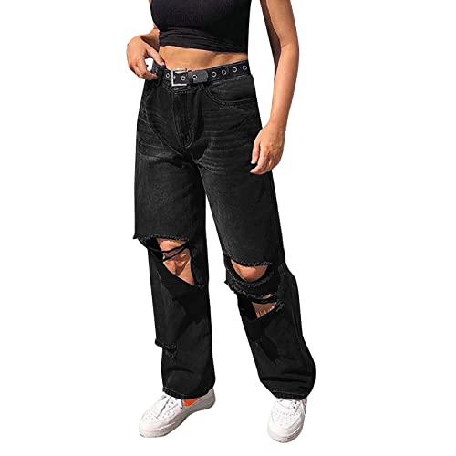 EWFAS Damen Jeans High Waist Schlaghose mit Löchern und Stretch, Baggy Jeans, Distressed Mom Jeans, Slim Denim Pants, Schwarz von EWFAS