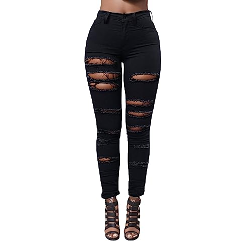 Jeans Hose Damen Mit Löcher Eng Jeans Hosen Frauen Modern Jeanshose Damen Schwarz Skinny Löcher Schwarze Hoch taillierte Schmal sitzende Jeans-Bleistifthose Skinny Jeans von EWFAS