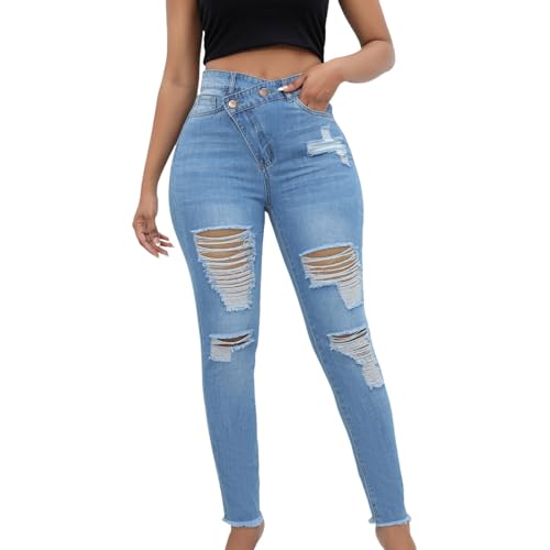 Jeans Hose Damen Mit Löcher Eng Jeans Hosen Frauen Modern Jeanshose Damen Schwarz Skinny Löcher Schwarze Hoch taillierte Schmal sitzende Jeans-Bleistifthose Skinny Jeans von EWFAS