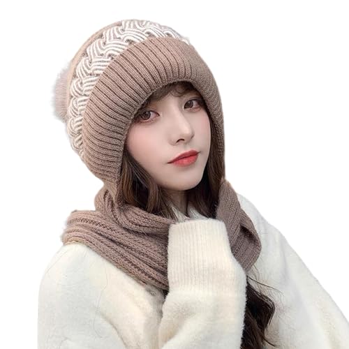 EWFAS Kapuzenschal Damen Winter,2 in 1 Winddichter Mützenschal Integrierter Gehörschutz Winddichte Mütze Schal,Niedlich Mütze Schal Set Damen Winter Warm Strickmütze von EWFAS