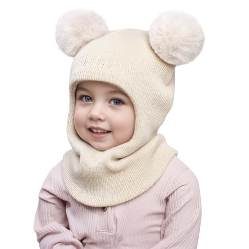 EWFAS Kinder Wintermütze Mädchen, Warm Niedlich Schalmütze Strickmütze mit Bommel, Beanie Schlupfmütze mit Fleecefutter für Kinder Mädchen Niedliche Winter Warm Beanie Mütze von EWFAS