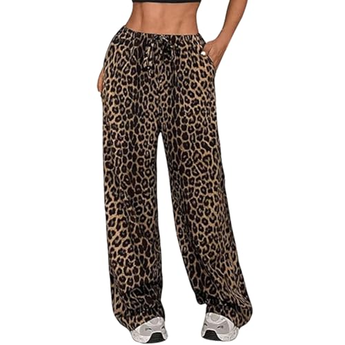 Leoparden Hose Damen lässige Stoffhose mit Weite Bein High Waist Freizeit Hose Elegante Leoprint Jogginghose Leopardenmuster Stoffhose Sommerhose von EWFAS