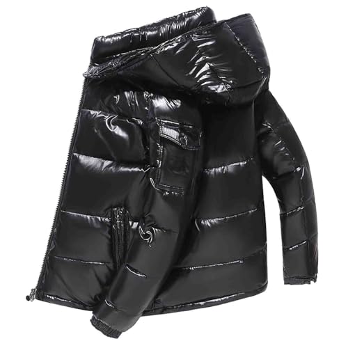 EWFAS Männer Warme Daunenjacken Einfarbig Winter Schnee Unten Jacken Mit Kapuze Reißverschluss Metall Glänzende Windjacke Parka Warme Outdoorjacke Praktische Vielseitige Übergangs Winterjacke von EWFAS