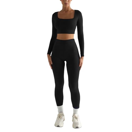 EWFAS Sport Set Damen Gym Workout Set Lang Sportset Outfit Fitness Set Langarm Oberteil Scrunch Leggings Gerippte Langarm Crop Top mit hoher Taille Yoga Leggings Sets von EWFAS