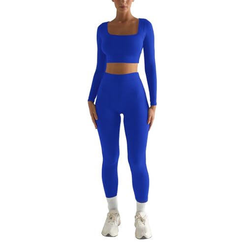 EWFAS Sport Set Damen Gym Workout Set Lang Sportset Outfit Fitness Set Langarm Oberteil Scrunch Leggings Gerippte Langarm Crop Top mit hoher Taille Yoga Leggings Sets von EWFAS