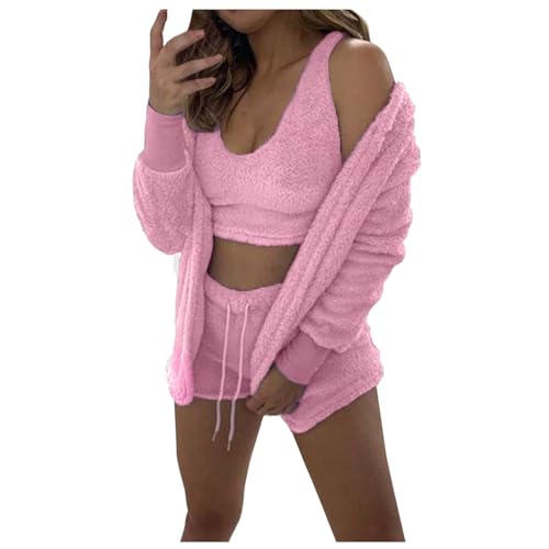EWFAS Damen 3-teiliges Lounge-Set - Cozy Knit Set - Flauschige Pyjamas mit Crop Top, Shorts & Long Coat - Pink - S von EWFAS