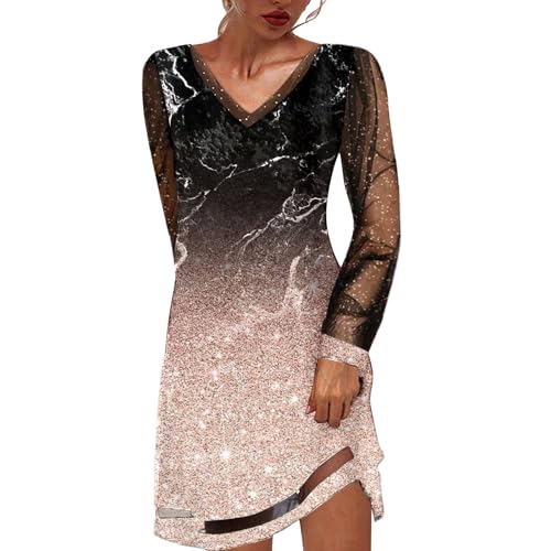 Glitzerkleid Damen, Sexy Mesh Partykleid, Langarm Elegant Cocktailkleid, V-Ausschnitt Abendkleid, Hohe Taille Paillettenkleid, A Linie Kleid, Glänzend Club Dress von EWFAS