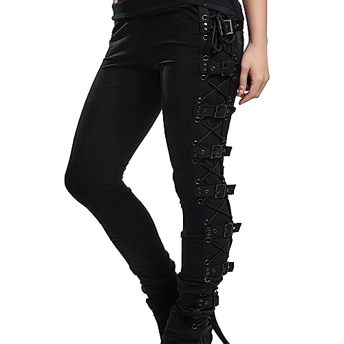 Gothic Hose Damen Skinny Fit Leggings High Waist Nieten mit Sexy Stretch Bleistifthosen Punk Hosen Freizeithose Sporthose Gothic Punk Rock Cross Schnürung Damen Leggings Damen von EWFAS