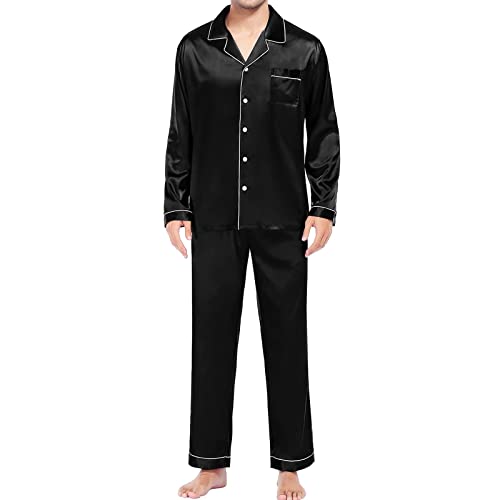 Herren Schlafanzug Lang Zweiteiliger Satin Pyjama mit Knopfleiste Langarm Shirt und Hose Weich Nachtwäsche Hausanzug Pjs Set mit Brusttasche Klassische Nachtwäsche Button Down Loungewear von EWFAS