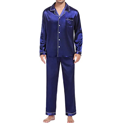 Herren Schlafanzug Lang Zweiteiliger Satin Pyjama mit Knopfleiste Langarm Shirt und Hose Weich Nachtwäsche Hausanzug Pjs Set mit Brusttasche Klassische Nachtwäsche Button Down Loungewear von EWFAS