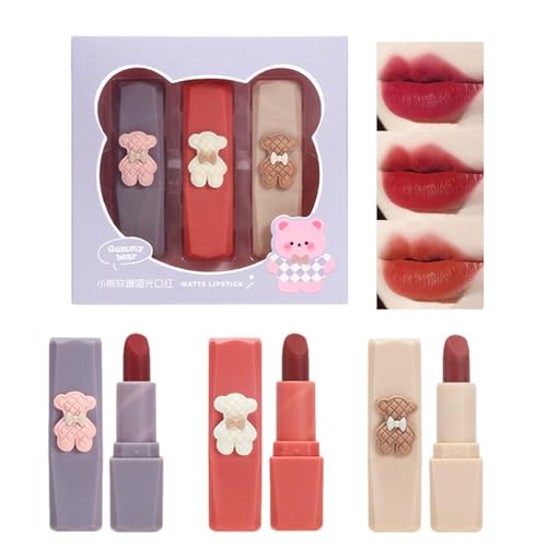 Nicht klebriger Lipgloss,Nicht klebender Lippenstift im süßen Bären-Design - 3-teiliges Lippen-Make-up-Set, wasserfestes Lippen-Make-up-Geschenk für Mädchen Ewfas von EWFAS