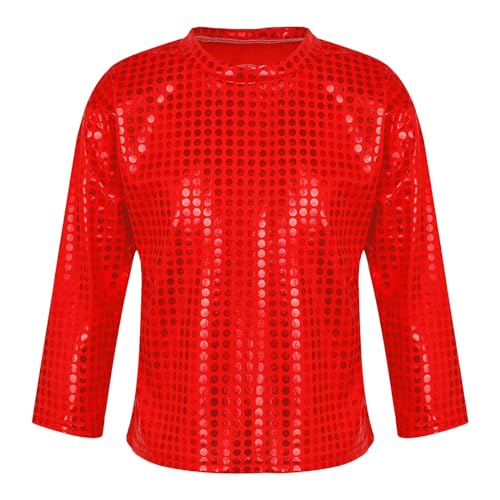 Pailletten Oberteil Kinder Langarm Glitzer Oberteil Fasching Kostüm Party Karneval Metallic Langarmshirt Top Rotes Mädchen T Shirt Glitzer Shirt Disco Tanz Oberteil von EWFAS