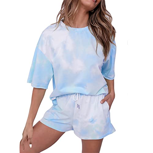 Zweiteilige Batik-Outfits Casual Damen Trainingsanzug Shorts Sets Sommer Kurzarm Top Shorts Set für Damen Casual Tie-Dye Print Freizeitanzug Rundhals Lose Sportbekleidung Zweiteiler Jogginganzug von EWFAS