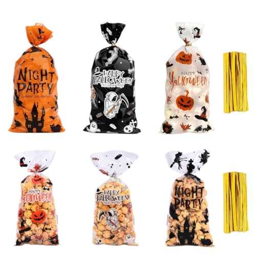 100 Stück Halloween Süßigkeiten Tüten Transparent Geschenktüten Plastik Verpackungstüten mit 100 Twist Krawatten für Kinder Partyzubehör von EWOECUI