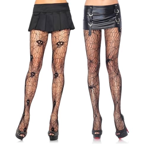 2 Paar Netzstrumpfhose Schwarz, Halloween Spinnennetz Strumpfhose, Netz Strumpfhose Totenkopf Spinnen, Skelett Strumpfhose Damen von EWOECUI