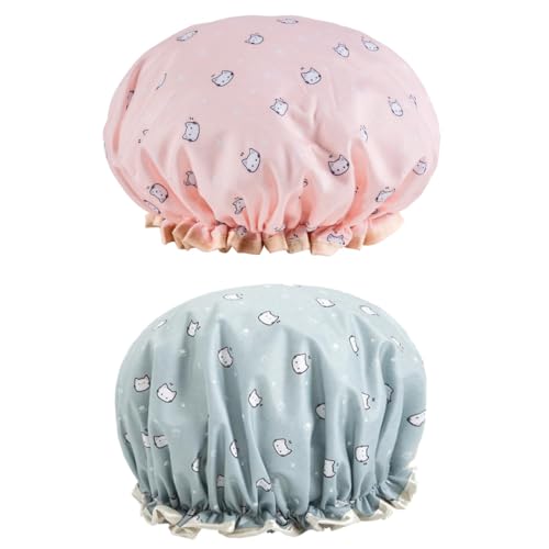 2 Stück Duschhaube, Wasserdichte Duschhauben Damen Doppellagig Duschhaube Elastische Shower Cap Wiederverwendbare Duschkappe für Frauen, Mädchen, Dusche, Spa, Salon von EWOECUI
