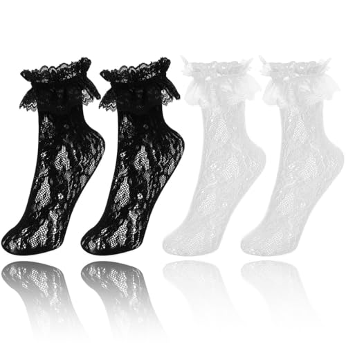 2 Stück Spitzen Knöchelsocken Rüschen Crew Söckchen Prinzessin Kleid Socken für Frauen Damen von EWOECUI