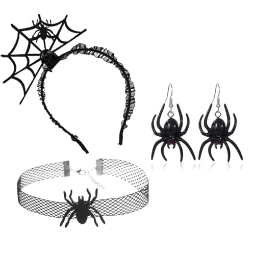 Halloween Haarreifen Spinnen mit Halsketten und Ohrringe Haarschmuck Frauen Stirnband Fledermaus für Erwachsene Fasching Karneval Kostüm Party Hexenhut Spinnennetz von EWOECUI
