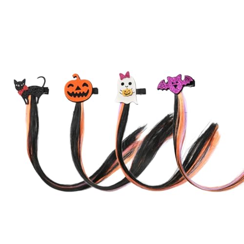 Halloween Haarverlängerung Clips Glattes Haar, 4 Stück Kürbis Fledermaus Mädchen Haarschmuck, Bunte Haarteile Synthese Party Ankleiden von EWOECUI