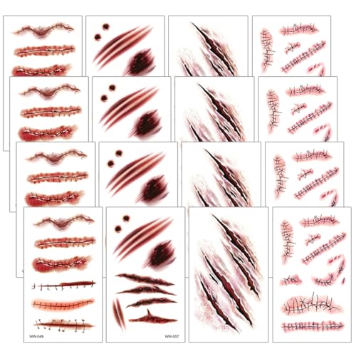 Halloween Temporäre Tattoos, 16 Blatt Narben Zombie Vampir Tattoo Mit Realistisch Wirkende Schaurig Blutige Kinder Erwachsener Make-up Requisiten von EWOECUI