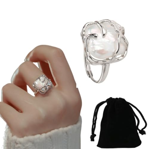 Unregelmäßiger Perlen Damen Silberring, Offen Verstellbar Perlenring, Ring Glänzender Fingerring, Modischer Statement Ring, Ring Silber Ring für Damen von EWOECUI