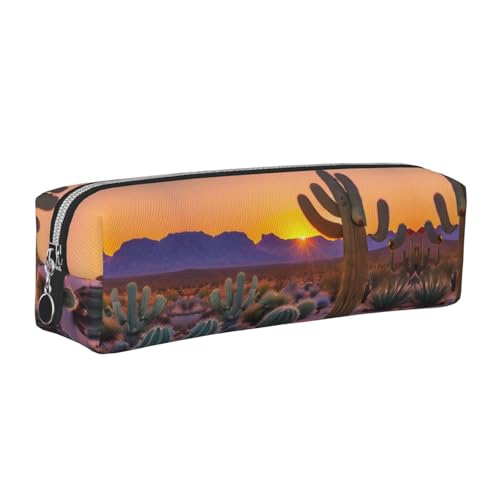 EWQrtyy Federmäppchen, Motiv: Kaktuswüste und Sonnenuntergänge, aus Leder, mit Reißverschluss, Zubehörhalter, Schreibwarentasche, Geschenk für den Schulanfang, silber, Einheitsgröße, Kosmetiktasche von EWQrtyy
