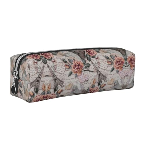 EWQrtyy Federmäppchen aus Leder, Motiv: Eiffelturm mit Blumenmotiv, Reißverschluss, Zubehörhalter, Schreibwaren-Tasche, Geschenk zum Schulanfang, silber, Einheitsgröße, Kosmetiktasche von EWQrtyy