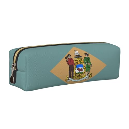 EWQrtyy Federmäppchen aus Leder, Motiv: Flagge von Delaware, mit Reißverschluss, Zubehörhalter, Schreibwarentasche, Geschenk für den Schulanfang, gold, Einheitsgröße, Kosmetiktasche von EWQrtyy