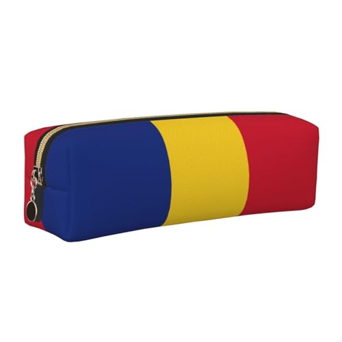 EWQrtyy Federmäppchen aus Leder, Motiv: Flagge von Rumänien, mit Reißverschluss, Zubehörhalter, Schreibwarentasche, Geschenk zum Schulanfang, gold, Einheitsgröße, Kosmetiktasche von EWQrtyy