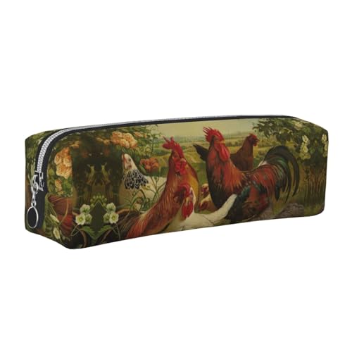 EWQrtyy Federmäppchen aus Leder, Motiv: Hühner und Bauernhof, mit Reißverschluss, Zubehörhalter, Schreibwarentasche, Geschenk für den Schulanfang, silber, Einheitsgröße, Kosmetiktasche von EWQrtyy