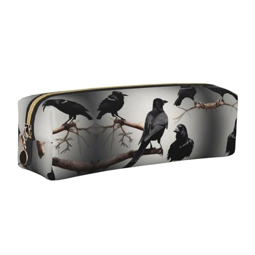 EWQrtyy Federmäppchen aus Leder, Motiv: Krähenvögel auf einem Ast, mit Reißverschluss, Zubehörhalter, Schreibwaren-Tasche, Geschenk für den Schulanfang, gold, Einheitsgröße, Kosmetiktasche von EWQrtyy