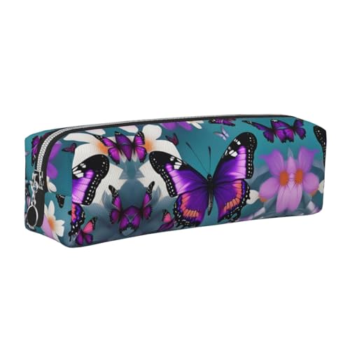 EWQrtyy Federmäppchen aus Leder, Motiv: Schmetterlinge und Blumen, mit Reißverschluss, Zubehörhalter, Schreibwarentasche, Geschenk für den Schulanfang, Violett, silber, Einheitsgröße, Kosmetiktasche von EWQrtyy