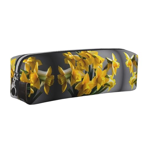 EWQrtyy Federmäppchen aus Leder, Motiv: Strauß Narzissen, Reißverschluss, Zubehörhalter, Schreibwarentasche, Geschenk für den Schulanfang, silber, Einheitsgröße, Kosmetiktasche von EWQrtyy