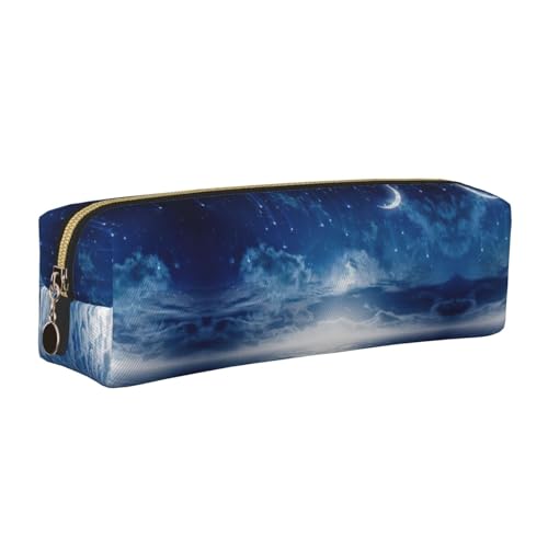 EWQrtyy Federmäppchen aus Leder, Motiv: fallender Stern und Mond, mit Reißverschluss, Zubehörhalter, Schreibwarentasche, Geschenk für den Schulanfang, gold, Einheitsgröße, Kosmetiktasche von EWQrtyy