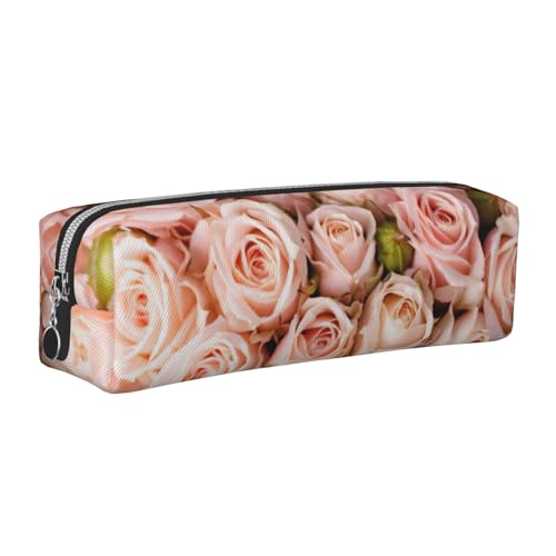 EWQrtyy Federmäppchen aus Leder, mit rosa Rosen, Reißverschluss, Zubehörhalter, Schreibwaren-Tasche, Geschenk für den Schulanfang, silber, Einheitsgröße, Kosmetiktasche von EWQrtyy