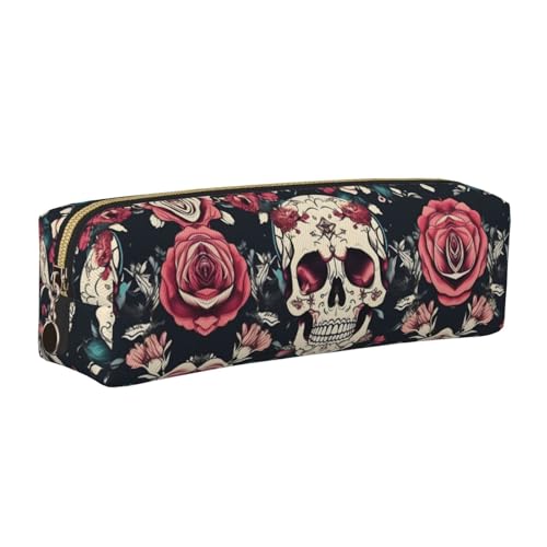 EWQrtyy Federmäppchen aus Leder mit Blumen-Totenkopf-Motiv, mit Reißverschluss, Zubehörhalter, Schreibwaren-Tasche, Geschenk für den Schulanfang, gold, Einheitsgröße, Kosmetiktasche von EWQrtyy