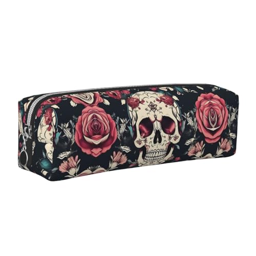 EWQrtyy Federmäppchen aus Leder mit Blumen-Totenkopf-Motiv, mit Reißverschluss, Zubehörhalter, Schreibwaren-Tasche, Geschenk für den Schulanfang, silber, Einheitsgröße, Kosmetiktasche von EWQrtyy