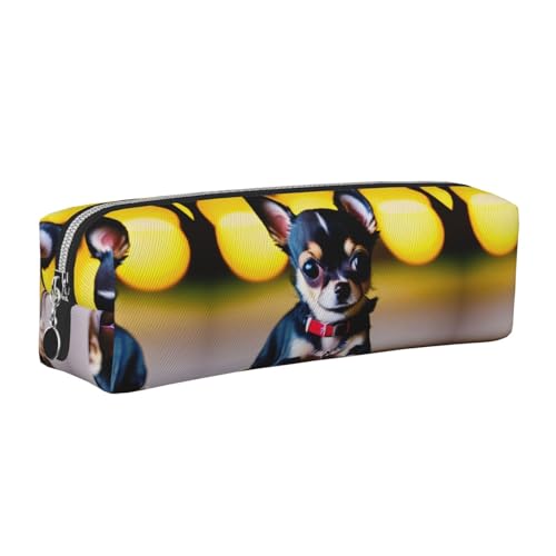 EWQrtyy Federmäppchen aus Leder mit Chihuahua-Motiv, mit Reißverschluss, Zubehörhalter, Schreibwaren-Tasche, Geschenk für den Schulanfang, silber, Einheitsgröße, Kosmetiktasche von EWQrtyy