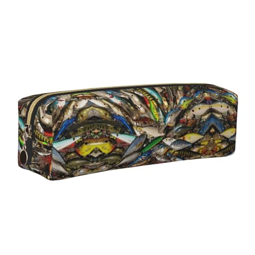 EWQrtyy Federmäppchen aus Leder mit Fischköderdruck, Reißverschluss, Zubehörhalter, Schreibwaren-Tasche, Geschenk für den Schulanfang, gold, Einheitsgröße, Kosmetiktasche von EWQrtyy