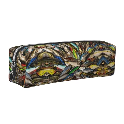 EWQrtyy Federmäppchen aus Leder mit Fischköderdruck, Reißverschluss, Zubehörhalter, Schreibwaren-Tasche, Geschenk für den Schulanfang, silber, Einheitsgröße, Kosmetiktasche von EWQrtyy