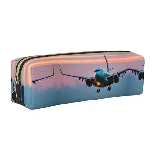 EWQrtyy Federmäppchen aus Leder mit Flugzeug in den Abendlichtern, mit Reißverschluss, Zubehörhalter, Schreibwarentasche, Geschenk für den Schulanfang, gold, Einheitsgröße, Kosmetiktasche von EWQrtyy