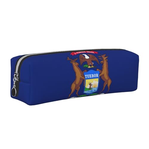 EWQrtyy Federmäppchen aus Leder mit Michigan-Flagge, Reißverschluss, Zubehörhalter, Schreibwaren-Tasche, Geschenk für den Schulanfang, silber, Einheitsgröße, Kosmetiktasche von EWQrtyy
